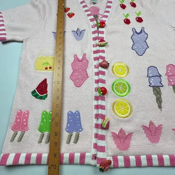 Quacker Factory Sweater Large Pink Fruit Cardigan Short Sleeve Summer Picnic - Picture 10 of 12